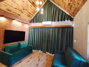 a living room with two green chairs and a television at Stania Loft CENTRUM in Boszkowo-Letnisko