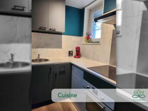 eine Küche mit blauen und weißen Arbeitsflächen und einem Waschbecken in der Unterkunft Logement cocooning Indépendant avec Salle de jeux in Chémery