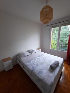 łóżko w pokoju z dużym oknem w obiekcie Cosy appartement près *RER et Disney, Paris w mieście Villiers-sur-Marne