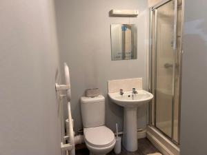 a bathroom with a toilet and a sink at Whittlesey town centre apartment in Peterborough