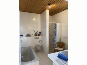 a bathroom with a tub and a toilet and a sink at Holiday apartment 2 in the Maaßen country house in Stakendorf