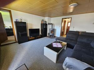 a living room with a couch and a tv at Ferienwohnung zu den Blauen Schafen in Rheinsberg