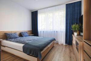 a bedroom with a bed and a large window at Oboźna 25 in Zamość