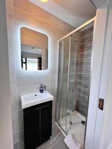 een badkamer met een wastafel en een douche met een spiegel bij Greenville B&B in Kenmare