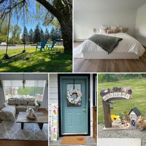 un collage de fotos con una puerta azul y un dormitorio en 43 Ave Farm House Langley, en Aldergrove