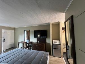 ein Hotelzimmer mit einem Bett, einem Schreibtisch und einem TV in der Unterkunft Travel Inn Kingsport in Kingsport