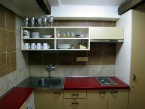 a kitchen with a sink and a red counter top at Penzion U Bušů in Malá Bystřice