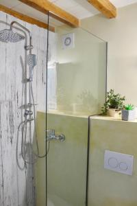 a shower with a glass door in a bathroom at Διώροφη κατοικία Γλώσσα Σκοπέλου in Skopelos Town +36 photos