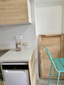 une cuisine avec une chaise bleue et un lave-vaisselle dans l'établissement Les Voyages du Loft, entre Eurexpo et St Exupéry, à Genas