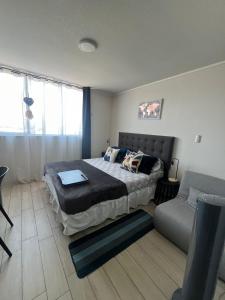 1 dormitorio con 1 cama grande y 1 sofá en Apartamento en Santiago centro cerca de movistar arena, caupolican en Santiago
