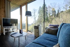 uma sala de estar com um sofá azul e uma grande janela em Design Studio Bergisel em Bregenz