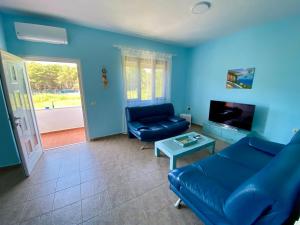 ein blaues Wohnzimmer mit einem Sofa und einem TV in der Unterkunft White & Blue Apartment's in Golem