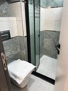 a bathroom with a toilet and a glass shower at Feycem Suites&Hotel in Istanbul