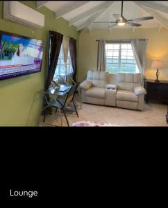 een woonkamer met een bank en een flatscreen-tv bij Rest and Relax STX in Christiansted