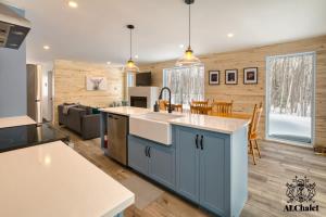 a kitchen and living room with a sink and a couch at Le Loonix- Chalet familiale avec Spa in Petite-Rivière-Saint-François