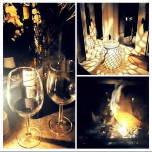 trois photos différentes de verres à vin sur une table dans l'établissement Casa tradicional en Orozko, à Murueta-Orozko