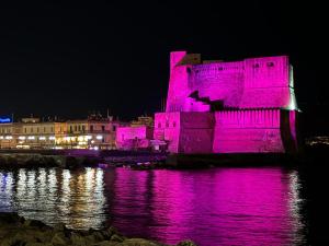 un castello è illuminato di rosa di notte di NAPOLIFOREVER Chiaia APARTMENT a Napoli