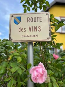 ein Schild, das die Route des vms vor einer rosa Rose liest in der Unterkunft La Terasse des Vignes - Maison 2 Chambres - 4 Personnes in Blienschwiller