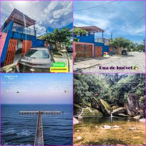 un collage de cuatro fotos del océano y un muelle en Casa Do Mar - Wi-fi - Netflix - Piscina, en Mongaguá