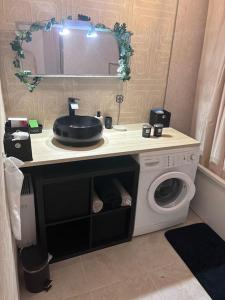 a bathroom with a sink and a washing machine at Appartement T2 en résidence privée in Maurepas