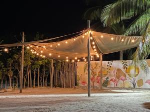 a tent with lights on a beach at night at Camping, Glamping y Caravanas Dos Lunas in Celestún +10 photos