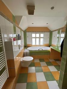a bathroom with a tub and a toilet and a bath tub at Ubytování Háj in Jindřichovice