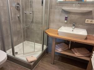 a bathroom with a sink and a shower at Hotel Garni Edelweiß in Siegsdorf +49 photos