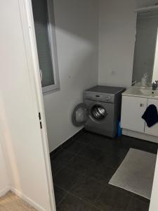 una lavanderia con lavatrice e lavandino di Cosy appartement T3 meublé Aubervilliers - La Plaine ad Aubervilliers