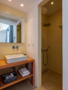 a bathroom with a sink and a shower at Villa Meraviglia Elia Mykonos in Elia Beach