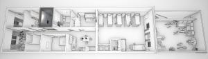 a black and white drawing of a building at Studio 424 in Chicago
