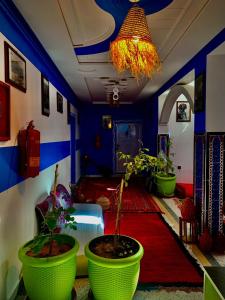 a room with two large green pots with plants in it at Hôtel Riad Atlas Dades in Boumalne