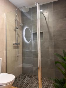 una doccia con porta in vetro in bagno di SagresSeaHouse a Sagres