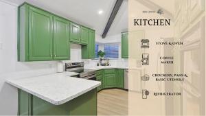 a green kitchen with white counters and green cabinets at Beautiful 5BR 2BA DeSoto Holiday Home with Pool in DeSoto