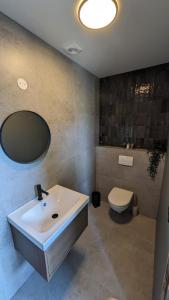 a bathroom with a sink and a toilet at Black Beach Apartment - Vík in Vík