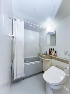 Baño blanco con aseo y lavamanos en ケラマブルーリゾート, en Zamami