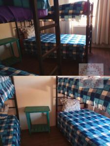a group of four pictures of bunk beds in a room at La casita de Lulú in Arequipa