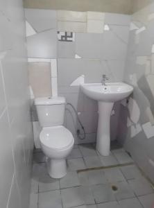 ein weißes Bad mit einem WC und einem Waschbecken in der Unterkunft Casas Salomão in Santo António