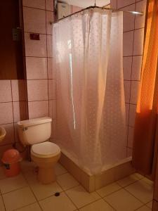 La salle de bains est pourvue de toilettes et d'un rideau de douche. dans l'établissement Hostal Koricancha, à Sicuani