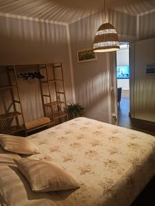 a bedroom with a large bed and a chandelier at Loft 21 in Empoli