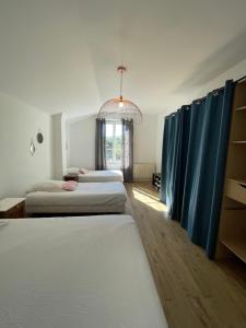 維也納的住宿－Charmante maison à Vienne avec jardin, prox Lyon，蓝色窗帘的房间的一排床