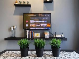 a room with two potted plants in front of a tv at Puchong Britain Elegance ll 2-5 pax in Puchong