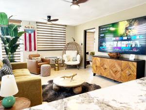 a living room with a large flat screen tv at Ocean Luxe in Paradise - Les Chambres des Dieux in Rincon