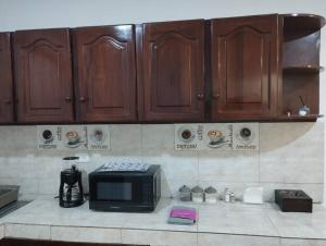 a kitchen with a counter with a microwave and a counter top at Suite acogedora en Ibarra in Ibarra