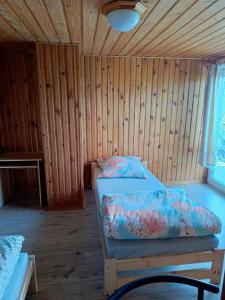 ein Schlafzimmer mit zwei Betten in einem Holzzimmer in der Unterkunft Noclegi u Ewusi 2 in Januszowice + 15 Fotos