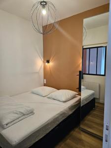a bedroom with a large bed and a mirror at Appartements 4, 5 et 10 personnes rénovés en centre-ville in Mont-Dore