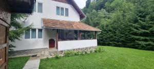 a white house with a red roof and a yard at OLD SHEPHERD Guest House in Râșca