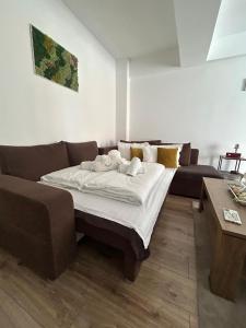 uma cama numa sala de estar ao lado de um sofá em Angel apartament em Sibiu