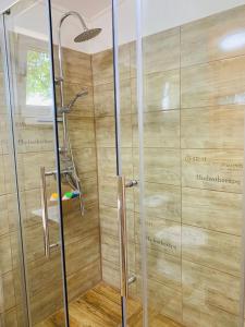 a shower with a glass door in a bathroom at Arvisura Vendégházak family friendly transit apartments in Zsombó