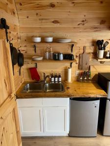 a kitchen with a sink and a wooden wall at Hillside Haven 1 Bedroom with Hot Tub in Sussex
