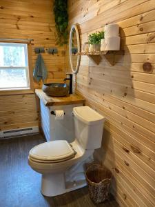 a bathroom with a toilet and a wooden wall at Hillside Haven 1 Bedroom with Hot Tub in Sussex